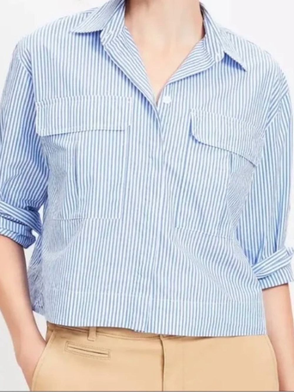 LOFT Blue and White Vertical Stripe Casual Utility Button-Down Shirt